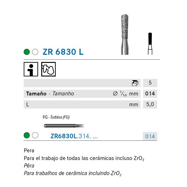 ZR6830L.314.014 Fresa Turbina Diamante para Circonio Komet 5 Uds