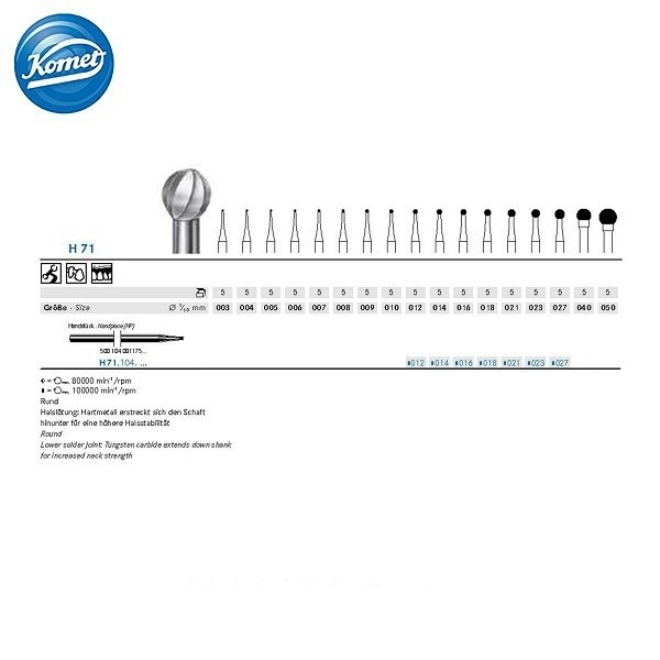 Fresa Tungsteno Bola PM  H71.104 Komet 1 Unidad